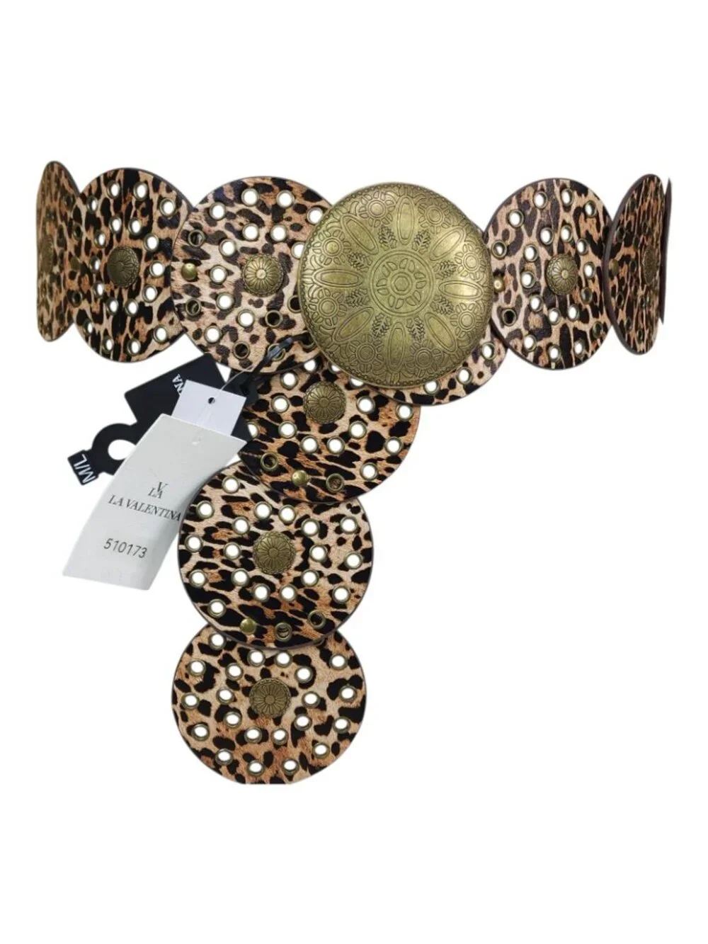 La Valentina Leopard Print Belt Concho With Medallion Accent M/L 48